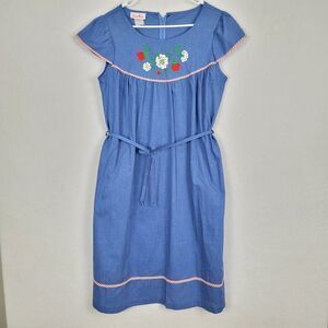 VTG Strawberry Chambray Embroidered Day Dress Large Blue Tie Waist Cottage Core